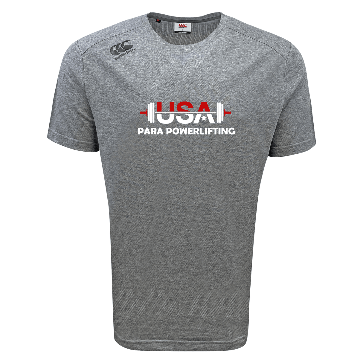 The WRS Canterbury USA Para Powerlifting Tempo Vapodri T-Shirt features short sleeves, a gray color, "USA Para Powerlifting" text, a red barbell graphic on the chest, and moisture-wicking comfort in Canterbury’s signature style.