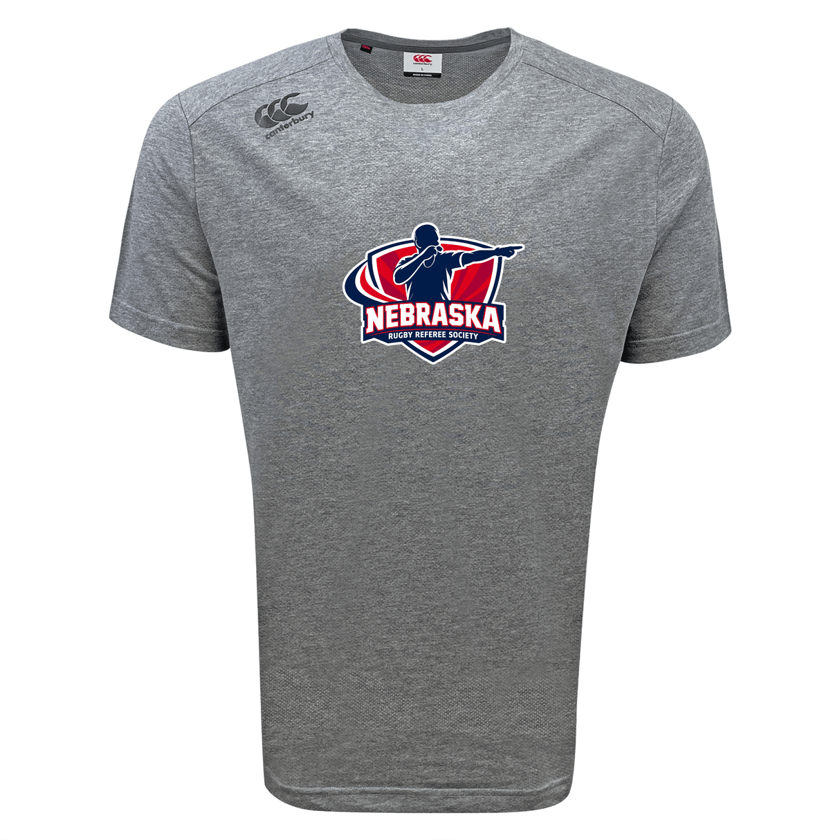 Gray short-sleeve moisture-wicking WRS Canterbury Nebraska Rugby Referee Society Tempo Vapodri T-Shirt with the logo in red, white, and blue on the front center.