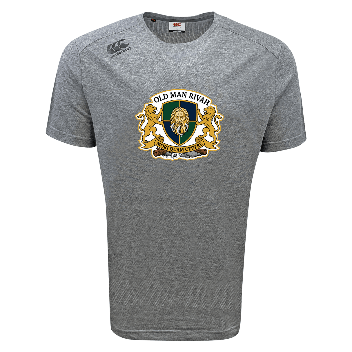 The Old Man Rivah Rugby Tempo Vapodri T-Shirt by Canterbury features a gray short-sleeve design with a lion crest, two gold lions, and “OLD MAN RIVAH” plus “SOLI QUAM CEDERE” on the front. Moisture-wicking for all-day comfort.