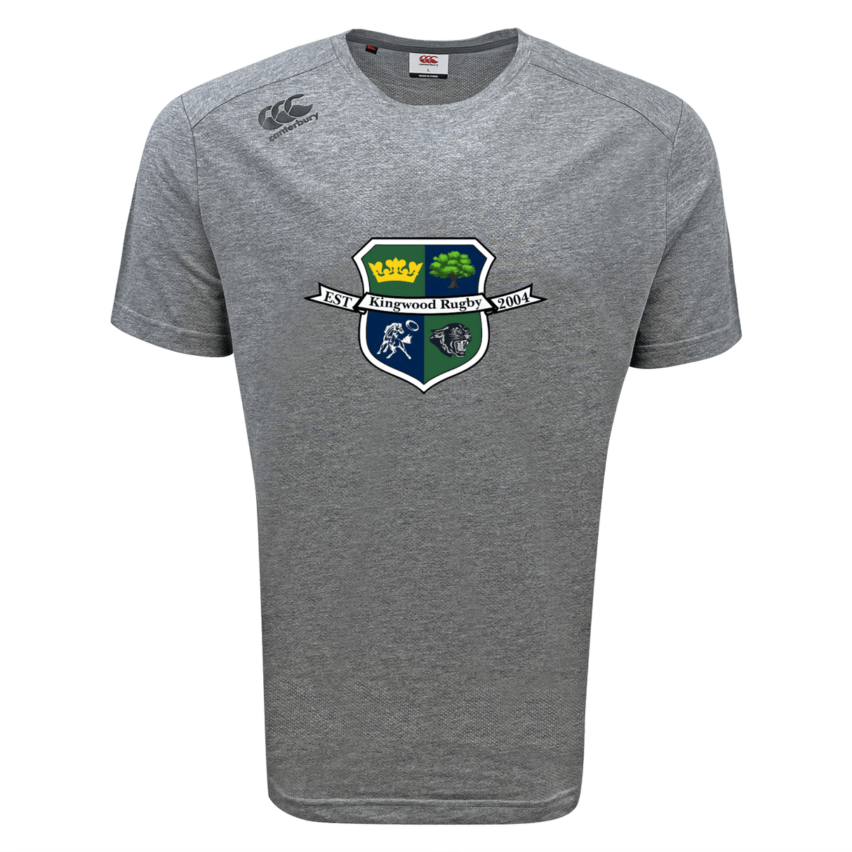 The Kingwood Rugby Tempo Vapodri T-Shirt by WRS Canterbury features moisture-wicking fabric and the club crest, established 2004, with a shield design of crown, tree, horse, and panther.