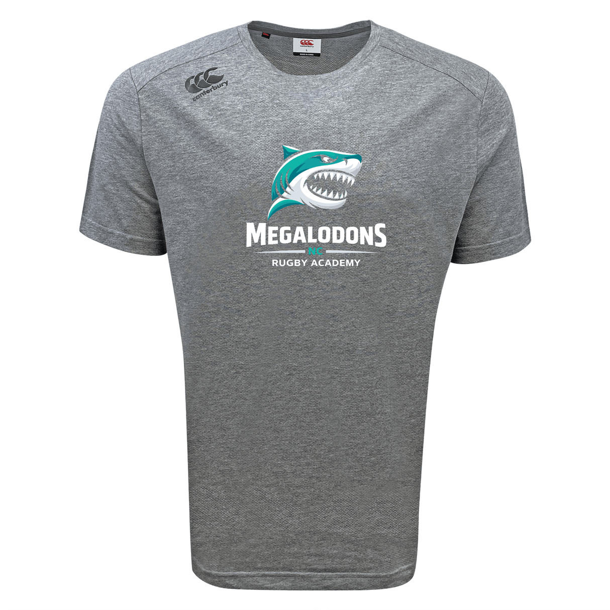 The WRS Canterbury NC Rugby Academy - Megalodons Tempo Vapodri T-Shirt features a stylized shark and "MEGALODONS RUGBY ACADEMY" on the front, plus a shoulder logo. This moisture-wicking tee is ideal for athletic performance.