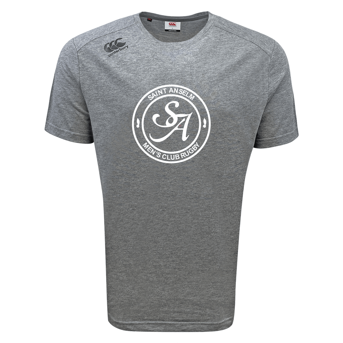 The WRS Canterbury Saint Anselm College Club Rugby Tempo Vapodri T-Shirt is a gray short-sleeve tee with "Saint Anselm Men's Club Rugby" and "SA" logo in white, plus a small Canterbury logo, designed for moisture-wicking comfort.