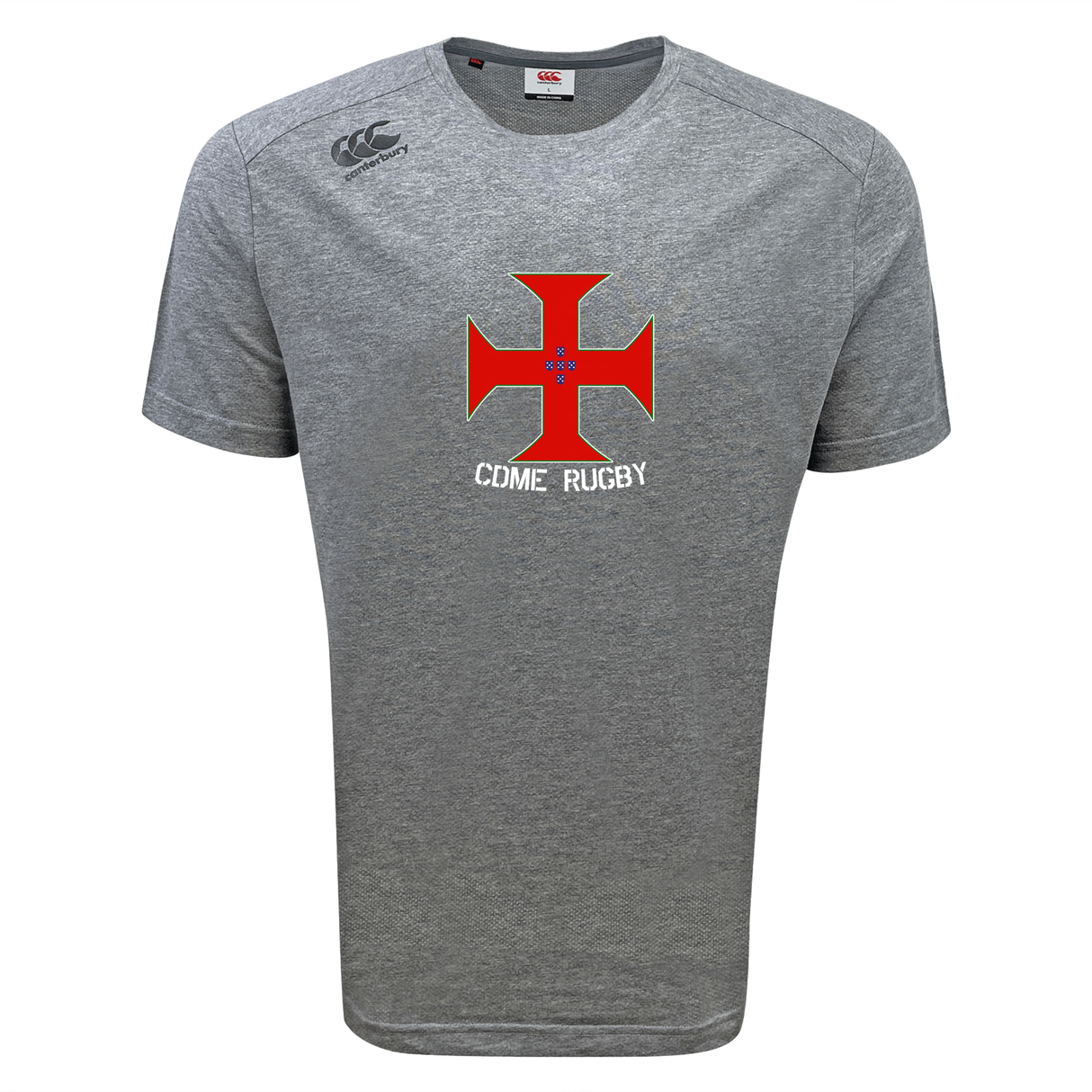 The SF CDME Rugby Tempo Vapodri T-Shirt by WRS Canterbury is a gray short-sleeve sports shirt with a red cross emblem and "CDME RUGBY" text on the front. Designed in the classic Vapodri tee style, it features the Canterbury logo on the right shoulder for superior comfort and moisture-wicking performance.