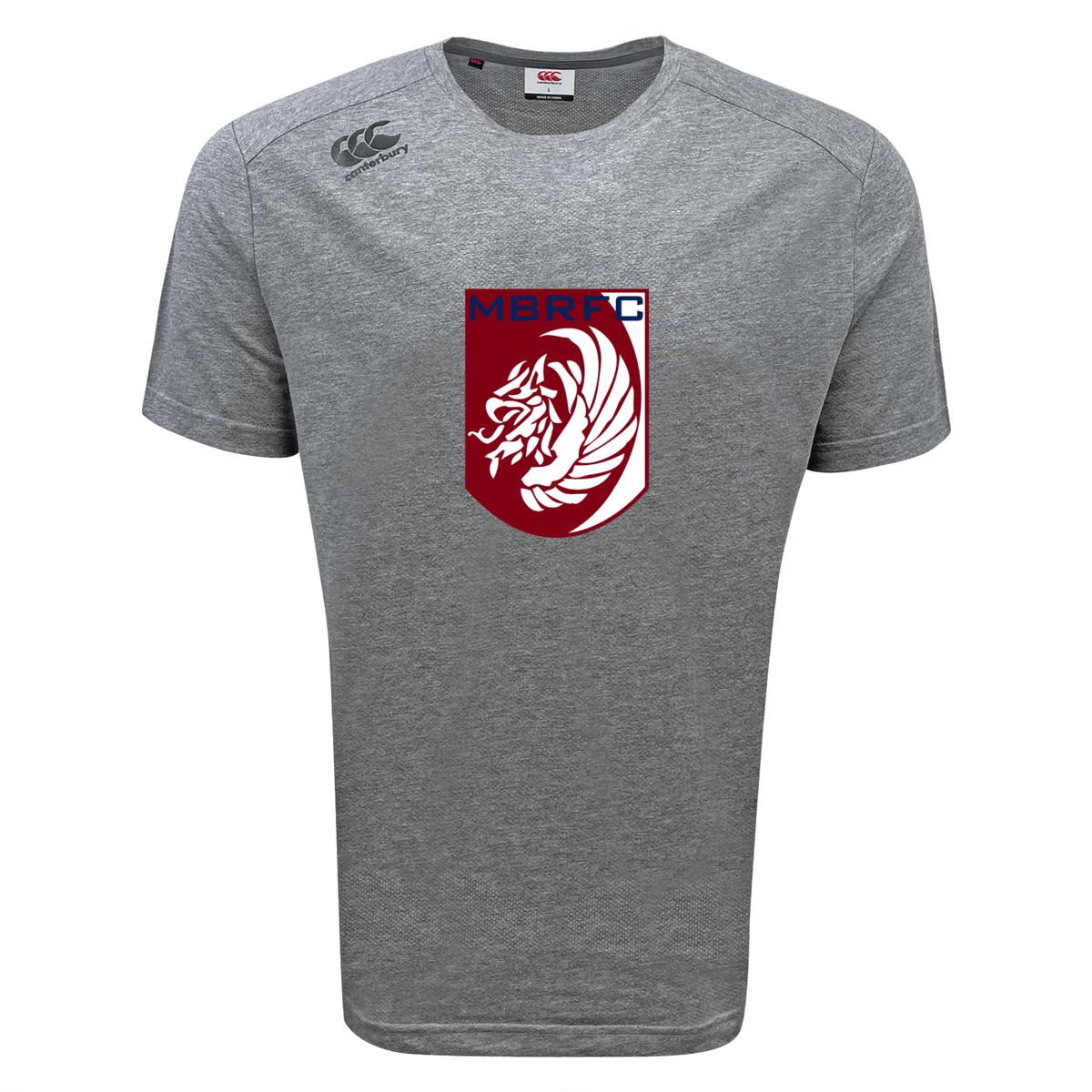 The Montgomery Bucks Griffins Tempo Vapodri T-Shirt by WRS Canterbury is a grey short-sleeve athletic tee featuring VapoDri moisture-wicking technology, a maroon and white lion crest, and "MBRFC" text on the chest.
