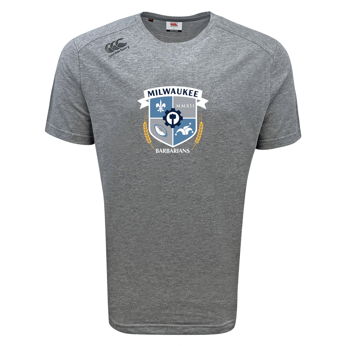 The Milwaukee Barbarians Rugby Tempo Vapodri T-Shirt by Canterbury features the club crest in blue, white, and gold on gray, with a small Canterbury logo on the shoulder. This WRS Canterbury tee offers moisture-wicking performance for athletes.