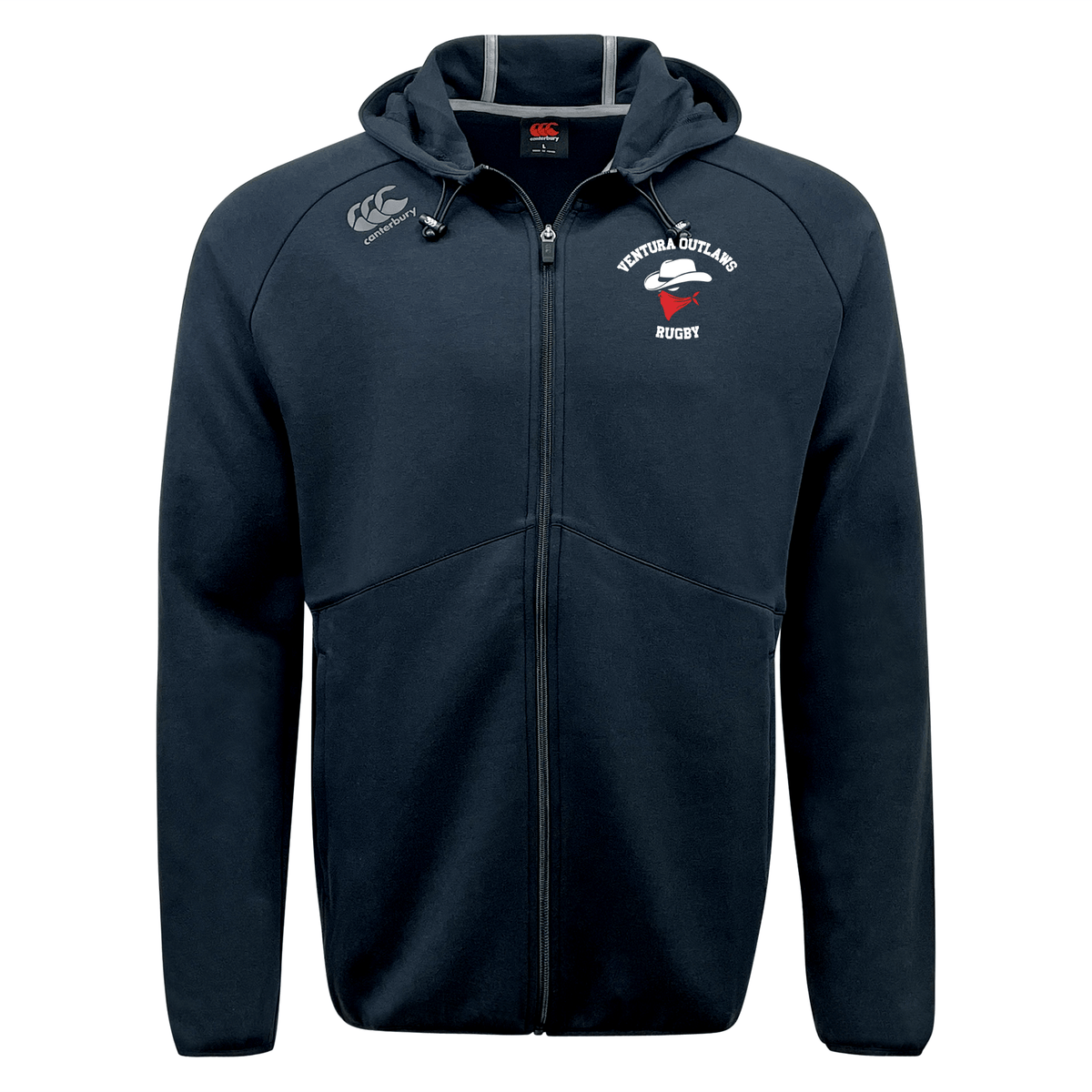 The Ventura Outlaws Rugby Tempo Vapodri Full-Zip Hoodie by Canterbury from EMB Canterbury is a moisture-wicking navy blue zip-up hoodie featuring a small embroidered logo on the left chest that reads "Ventura Outlaws Rugby" with a red and white emblem below it.