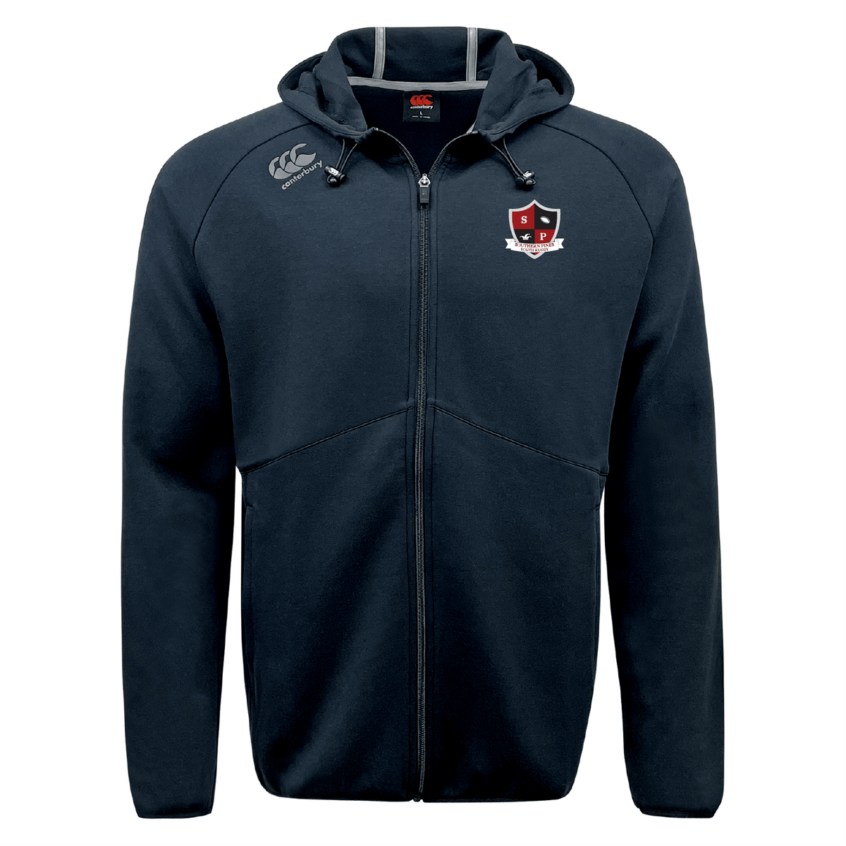 The Southern Pines Youth Rugby Tempo VapoDri Full-Zip Hoodie by EMB Canterbury is dark blue and has moisture-wicking fabric, a hood, Canterbury branding with a logo on the chest, and a small emblem on the left shoulder.