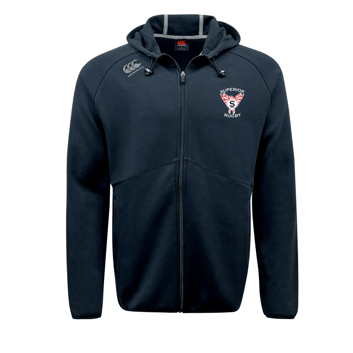 The EMB Canterbury Superior Rugby Club Tempo VapoDri Full-Zip Hoodie in navy features a hood, moisture-wicking fabric, the Canterbury logo on the right chest, and a "Superior Rugby" crest on the left for comfort and style.
