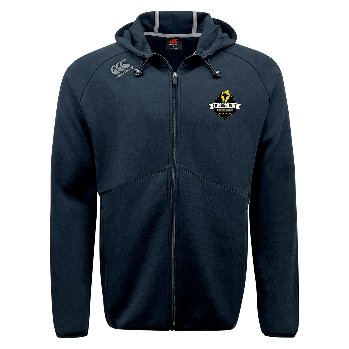 The EMB Canterbury Chicago Riot Tempo Vapodri Full-Zip Hoodie features a hood, moisture-wicking fabric, and displays the "Chicago Riot" logo on the left chest with the Canterbury logo on the right shoulder for all-day comfort.
