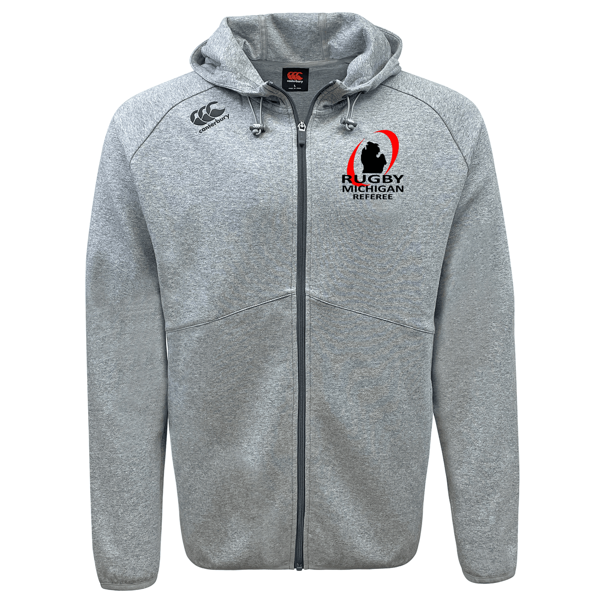 The Rugby Michigan Referee Society Tempo Vapodri Full-Zip Hoodie by EMB Canterbury, in gray, showcases the "Rugby Michigan Referee" logo alongside a black silhouette of a player. This moisture-wicking hoodie features Canterbury branding and provides comfort both on and off the field.