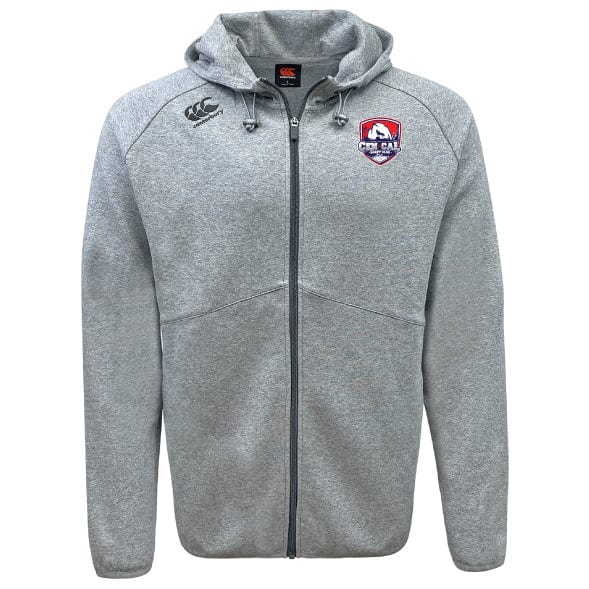The CenCal Rugby Tempo Vapodri Full-Zip Hoodie by EMB Canterbury features a light gray color, hood with drawstrings, moisture-wicking fabric, Canterbury logo on the right chest, and a USA Rugby patch on the left chest.