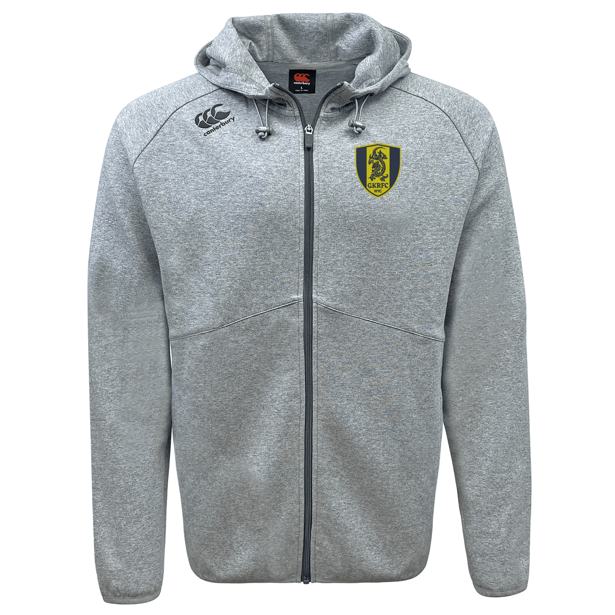 The Gotham Knights Tempo VapoDri Full-Zip Hoodie by EMB Canterbury features a gray design with a front logo showcasing a lion and shield on the left chest, complemented by another logo on the right chest. It includes a drawstring hood, full-length sleeves, and Canterbury branding. Additionally, its VapoDri technology ensures moisture-wicking comfort throughout your activities.