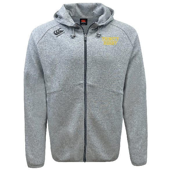 Front view of a gray Trinity College Tempo Vapodri Full-Zip Hoodie by EMB Canterbury, featuring moisture-wicking fabric and two Canterbury branding logos on the chest, one on each side.