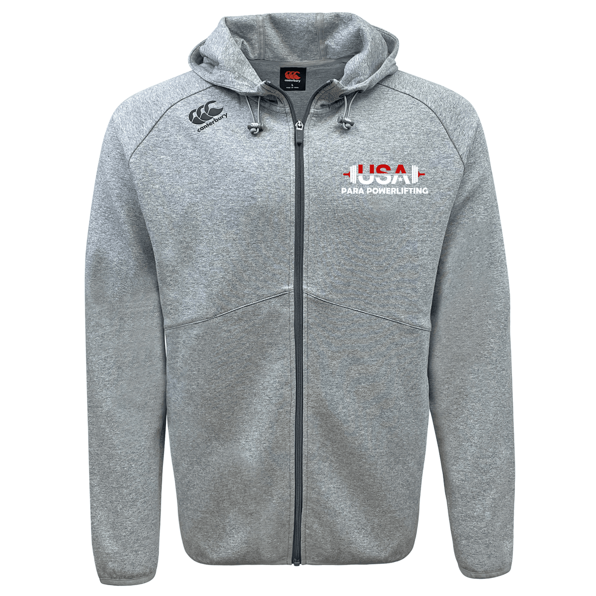 The EMB Canterbury USA Para Powerlifting Tempo Vapodri Full-Zip Hoodie features "USA Para Powerlifting" and a chest logo, plus a black shoulder logo. Its moisture-wicking design ensures comfort and style, inspired by the CCC VapoDri Full-Zip Hoodie.