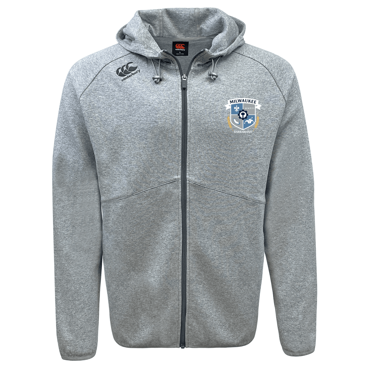 Stay comfortable on and off the field in the Milwaukee Barbarians Rugby Tempo Vapodri Full-Zip Hoodie by EMB Canterbury, featuring moisture-wicking fabric, a team logo on the left chest, and Canterbury branding on the right shoulder.