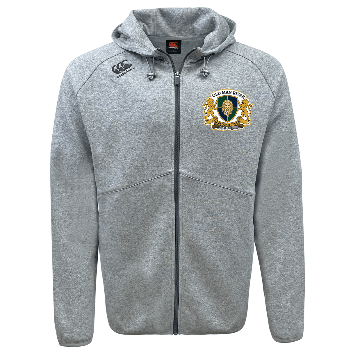 The Old Man Rivah Rugby Tempo VapoDri Full-Zip Hoodie by EMB Canterbury features a light grey design, "Old Man Rugby" crest on the left chest, Canterbury logo on the right shoulder, and moisture-wicking fabric for all-day comfort.