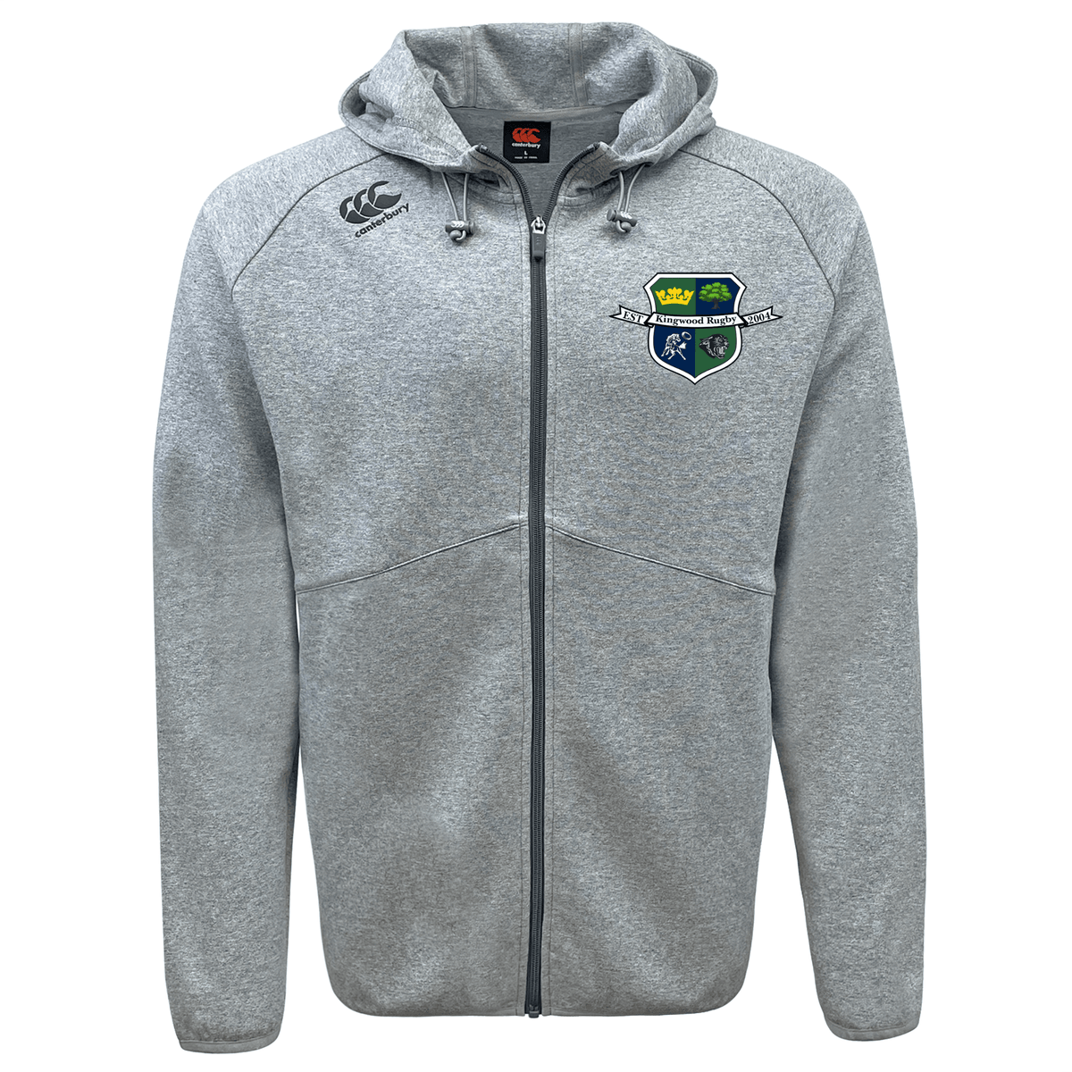 The Kingwood Rugby Tempo Vapodri Full-Zip Hoodie by EMB Canterbury features light grey fabric, a drawstring hood, black zipper, and an embroidered left-chest crest with green, blue, and yellow accents. Moisture-wicking for all-day comfort.