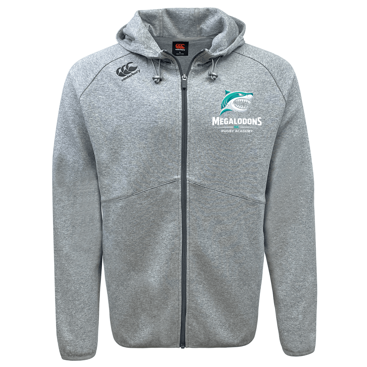The NC Rugby Academy - Megalodons Tempo Vapodri Full-Zip Hoodie by EMB Canterbury features a light grey design with "Megalodons Rugby Academy," a shark logo, zip front, hood with drawstrings, and moisture-wicking VapoDri fabric—perfect for training or casual wear.