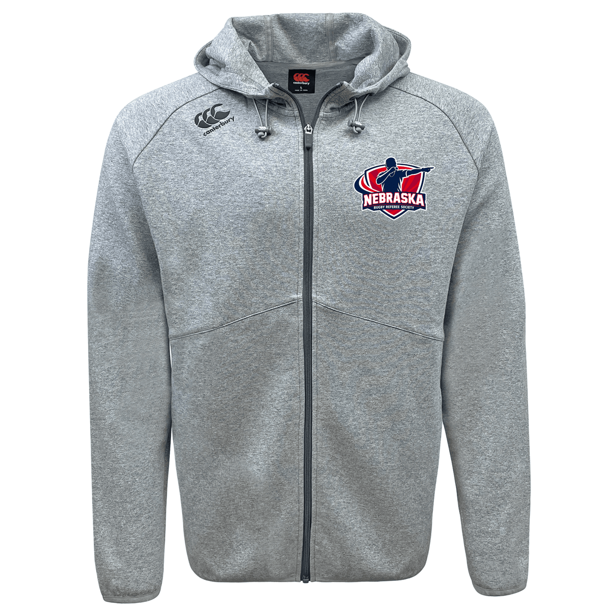 Light gray Nebraska Rugby Referee Society Tempo Vapodri Full-Zip Hoodie by EMB Canterbury features a Nebraska athletics logo on the left chest, CCC VapoDri moisture-wicking tech for all-day comfort, and a brand logo on the right shoulder.