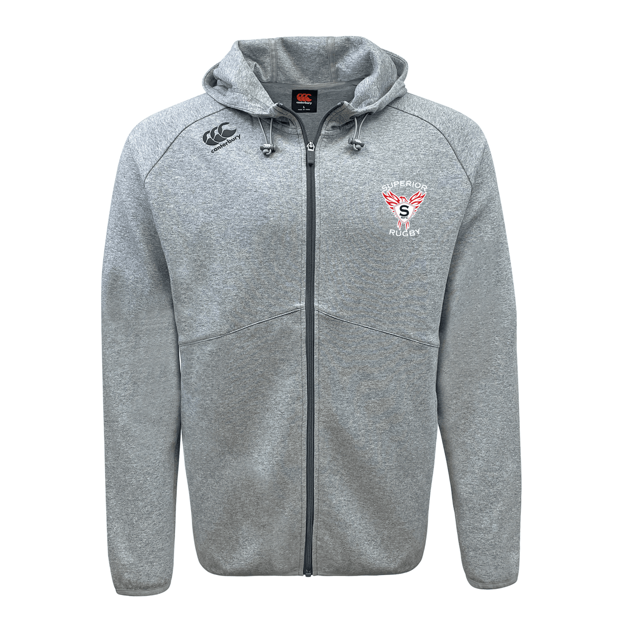 The EMB Canterbury Superior Rugby Club Tempo Vapodri Full-Zip Hoodie is light gray with a hood, drawstrings, front pockets, moisture-wicking fabric, and two chest logos—one on each side.
