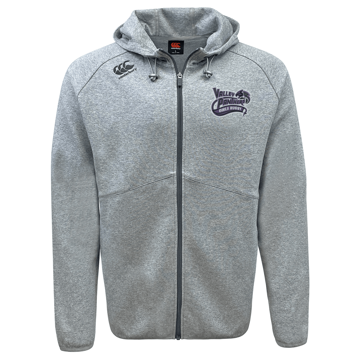 Valley Panthers Girls Rugby Tempo Vapodri Full-Zip Hoodie by EMB Canterbury in light grey, featuring a hood, drawstrings, and embroidered Canterbury and Valley Panthers Wheelchair Rugby logos on the chest. The moisture-wicking Vapodri technology keeps you comfortable and dry.