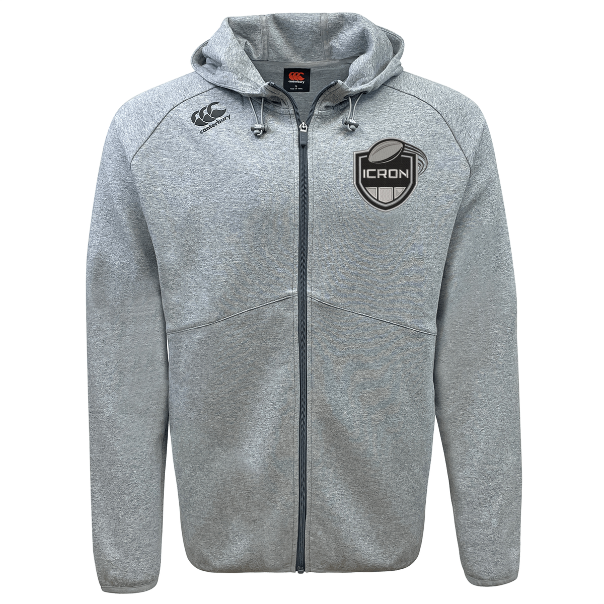 Grey ICRON Tempo Vapodri Full-Zip Hoodie by Canterbury with a full-zip front, hood, drawstrings, and a rugby-themed shield logo on the chest.