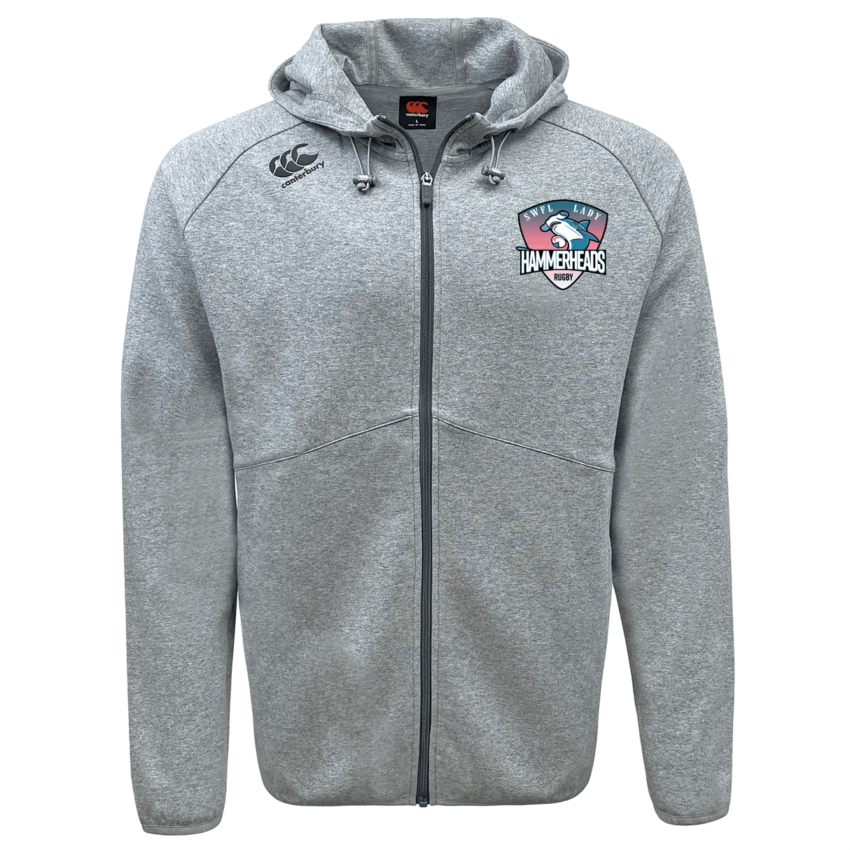 The SWFL Lady Hammerheads Tempo Vapodri Full-Zip Hoodie by WRS Canterbury is light grey, features a hood, drawstrings, moisture-wicking VapoDri fabric, and chest logos for both Canterbury and the Southland Hammerheads.