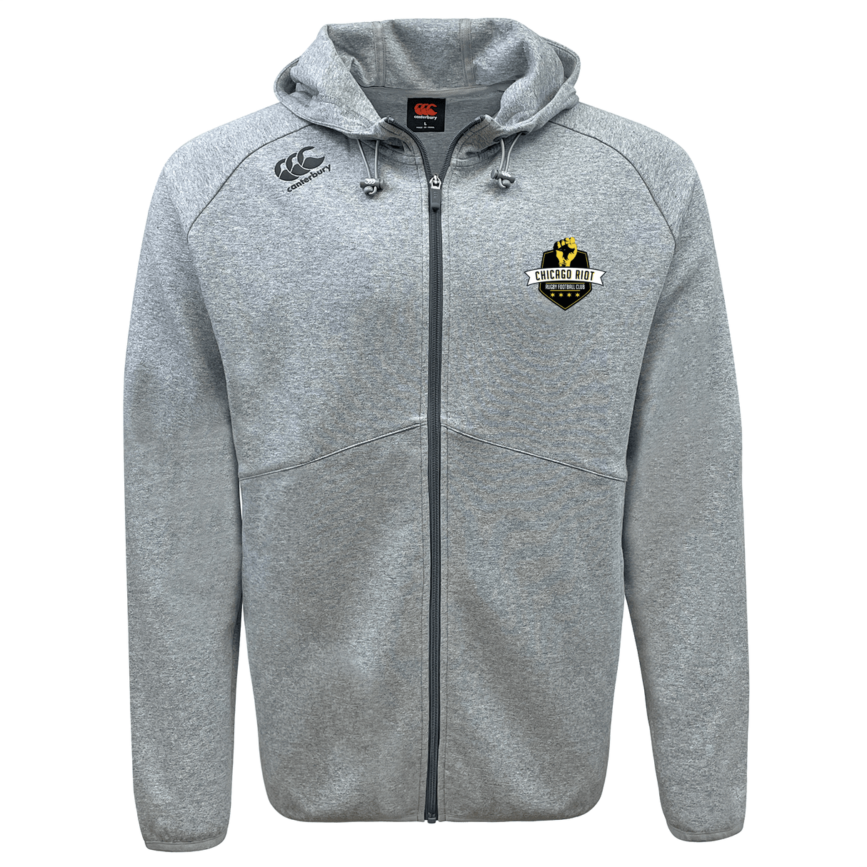 Light gray Chicago Riot Tempo Vapodri Full-Zip Hoodie by EMB Canterbury with a hood, black drawstrings, two embroidered chest logos, and moisture-wicking fabric for stylish comfort.