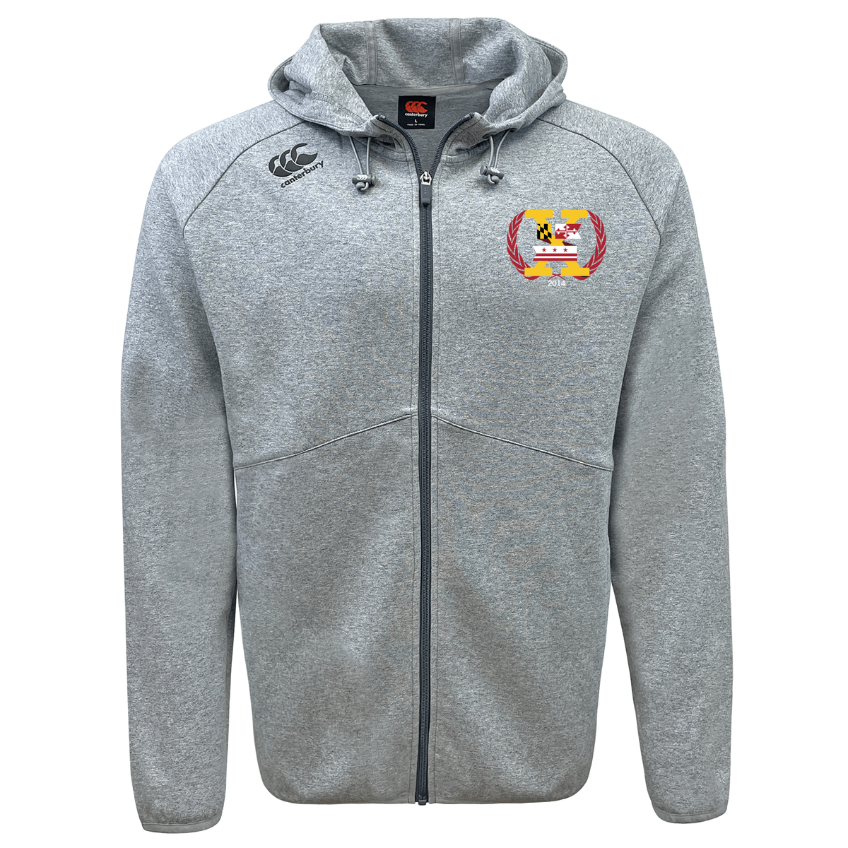 The Potomac Exiles Rugby Club Tempo Vapodri Full-Zip Hoodie by Canterbury is a light gray zip-up hoodie with a drawstring hood, featuring moisture-wicking fabric for comfort. It displays a crest in Maryland flag colors on the left chest and a black EMB Canterbury logo on the right chest, offering classic style and performance inspired by the CCC VapoDri Full-Zip Hoodie.