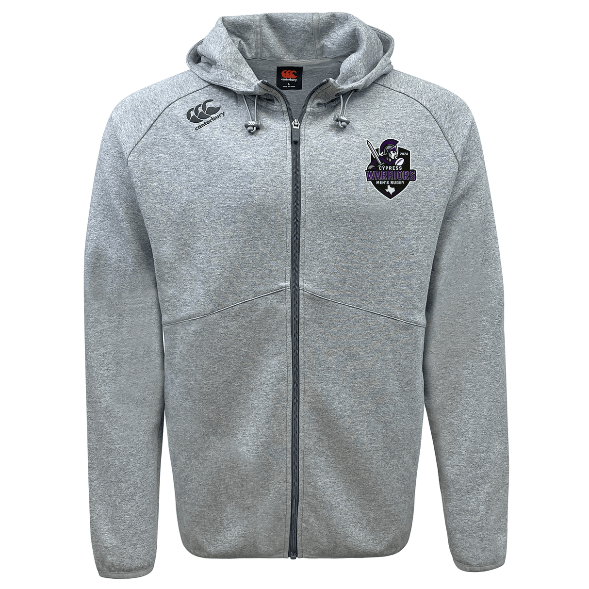 The Cypress Warriors Men's Rugby Tempo Vapodri Full-Zip Hoodie by EMB Canterbury is a light grey hoodie with two drawstrings, moisture-wicking fabric, and features the Canterbury logo on the right shoulder and a helmeted figure logo with text on the left chest.