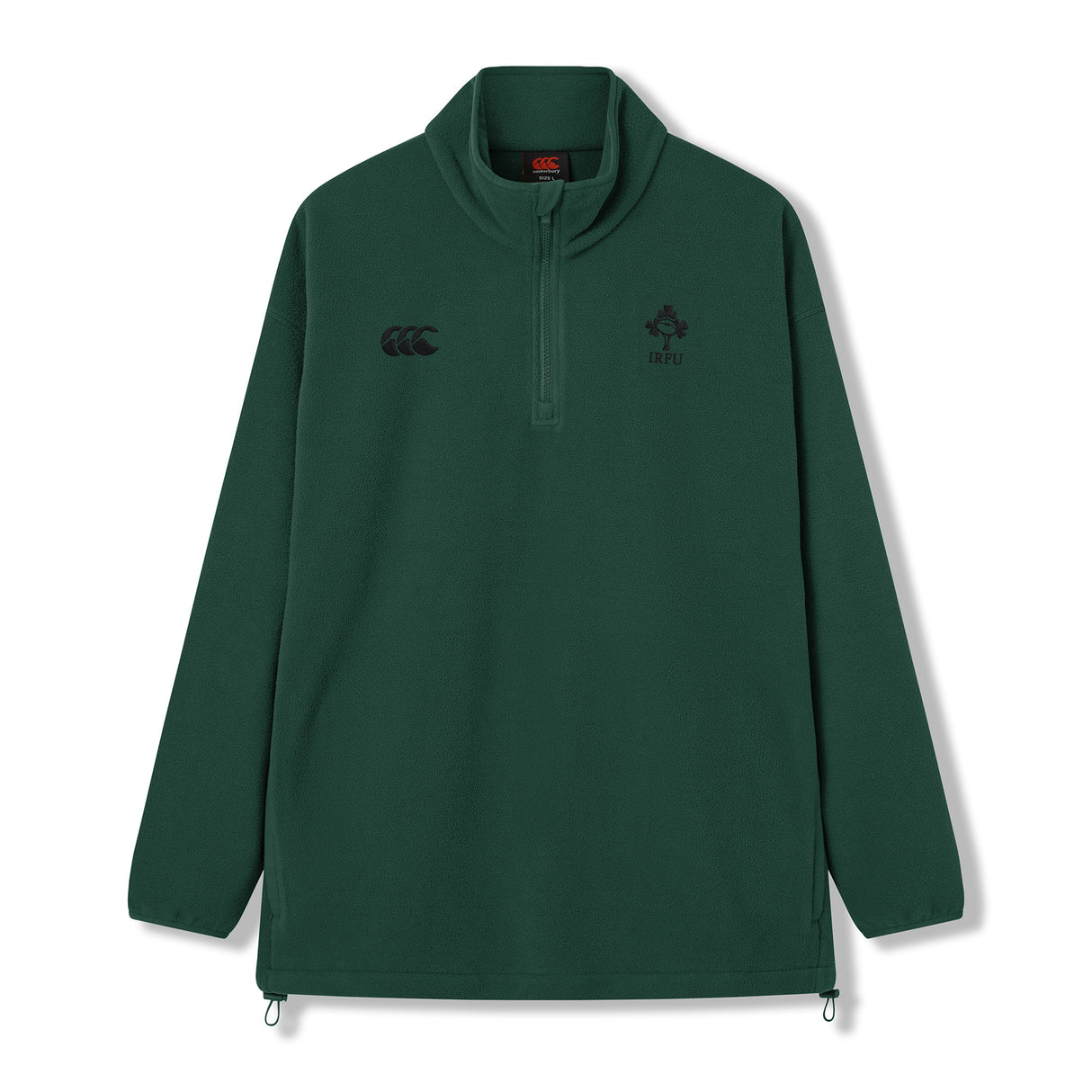 The Ireland 26 Retro Fleece 1/4 Zip by Canterbury is a dark green, long-sleeve pullover inspired by the classic rugby fleece design. It features two black embroidered Canterbury logos on the chest, an adjustable drawstring at the hem, and combines vintage style with modern comfort.