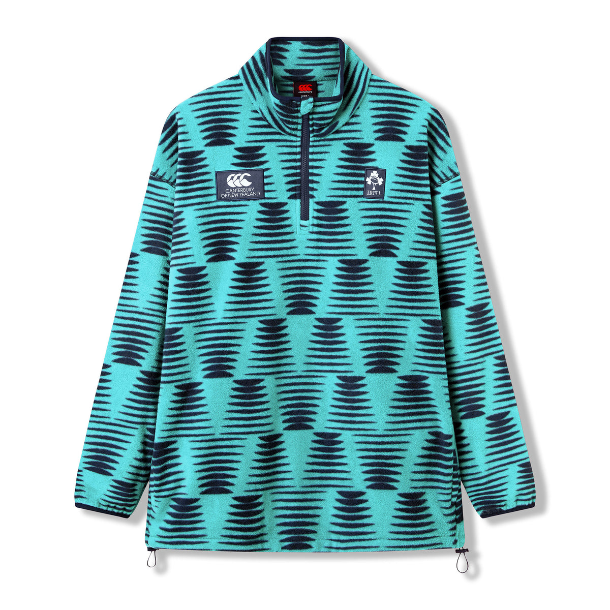 The Ireland 26 Retro Fleece 1/4 Zip by Canterbury is a long-sleeve pullover featuring a teal and navy geometric pattern, a zip collar, and embroidered chest logos. Designed in the classic Canterbury 1/4 Zip style, this rugby fleece is shown on a plain white background.