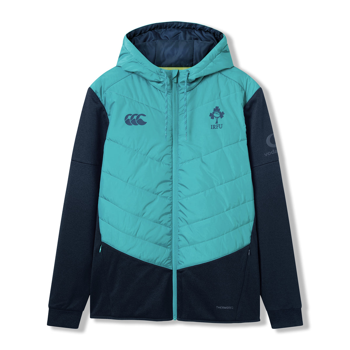 The Ireland 26 Hybrid Padded Jacket by Canterbury is a teal and navy zip-up hooded jacket featuring a quilted front, side pockets, and Canterbury logos on the chest and sleeve—ideal as a rugby training jacket for cooler days.