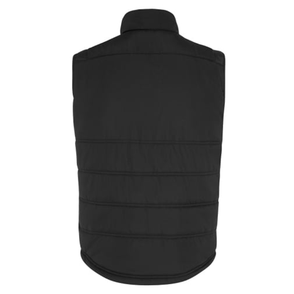 The Canterbury Canada Shield Core Gilet by EMB Canterbury, shown in black from the back, features horizontal stitching, Thermoreg insulation, and a high collar for warmth.
