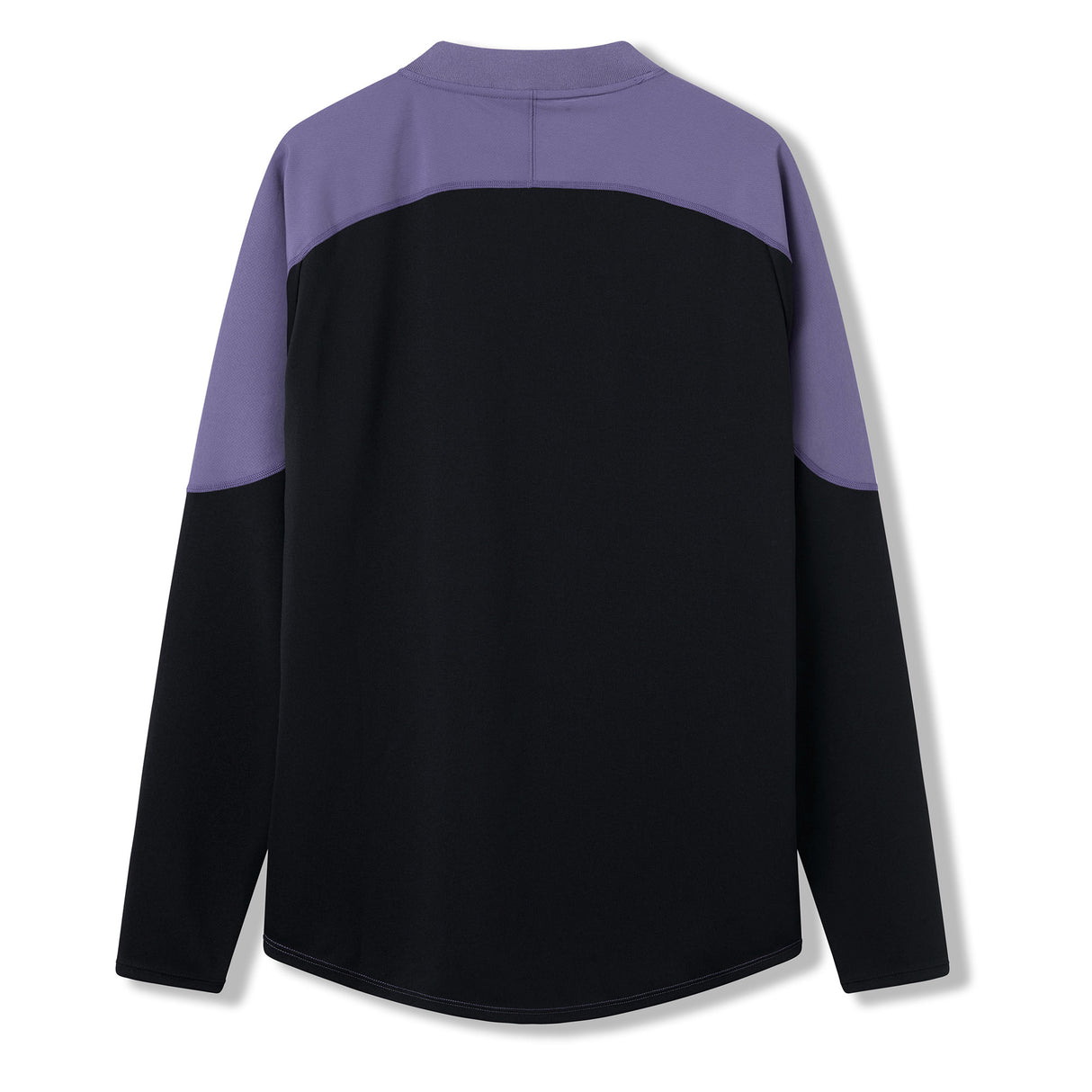 The Ireland 26 Tech Drill Top by Canterbury features a black body with distinctive purple shoulder and upper sleeve panels, displayed from the back against a white background. Designed in the style of an Ireland rugby drill top, this performance-driven piece brings authentic Canterbury IRFU training wear to your everyday wardrobe.