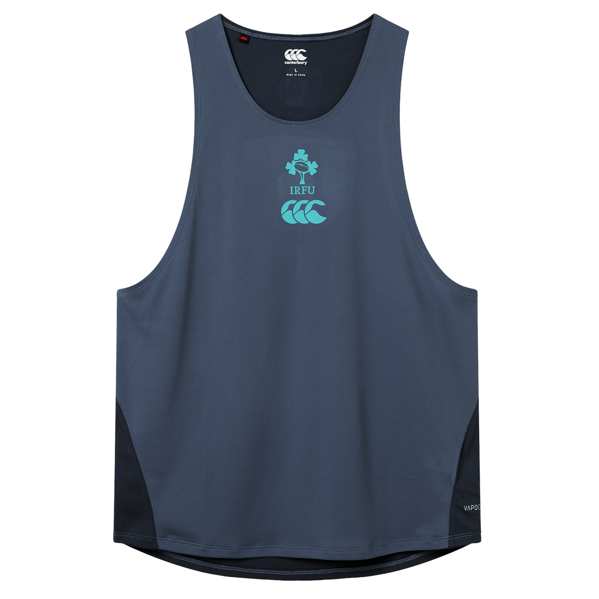 The Ireland 26/27 Summer Tour Superlight Training Singlet by Canterbury is a navy blue sleeveless athletic top with IRFU and Canterbury logos, black side panels, and a curved hem—designed for peak rugby performance.