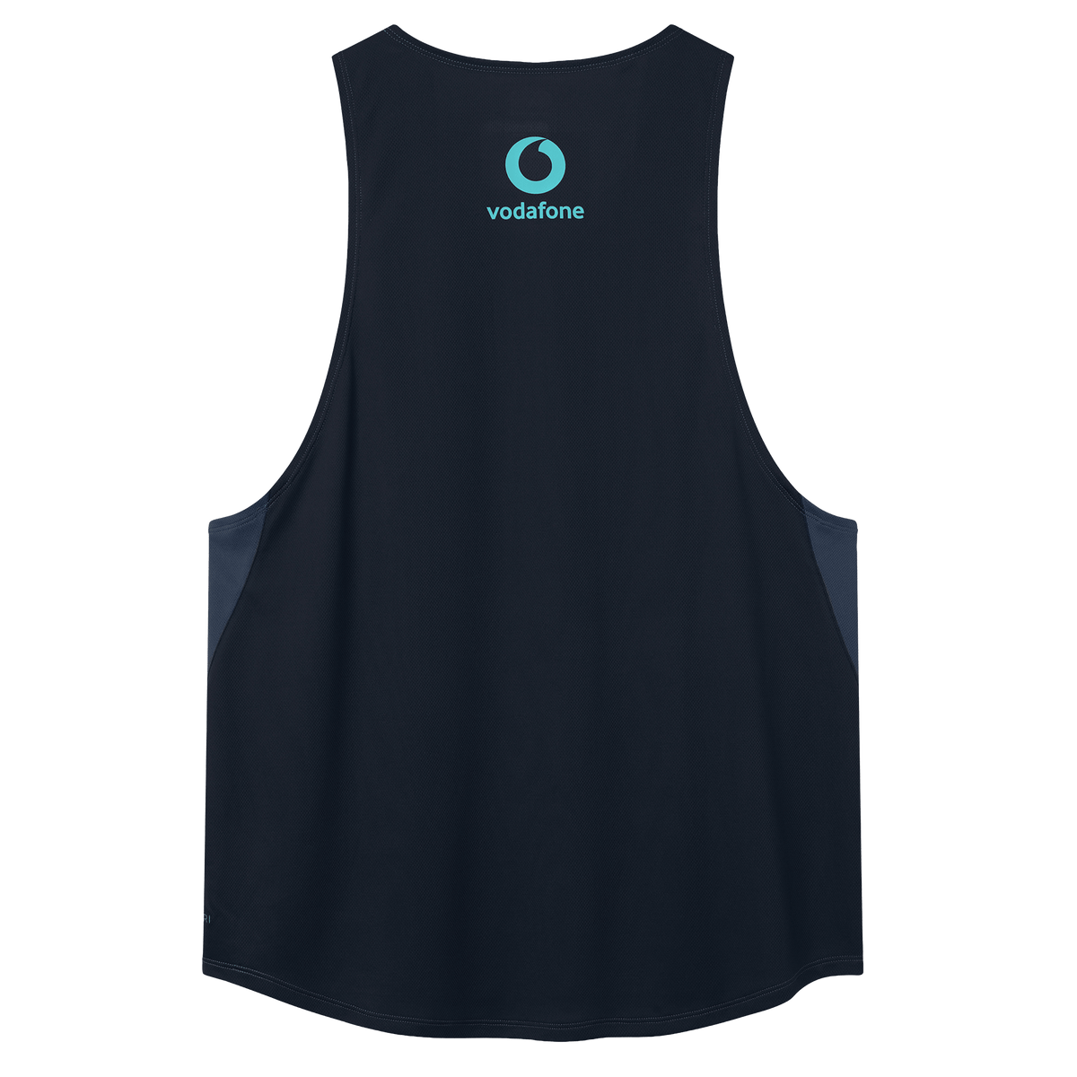 The Ireland 26/27 Summer Tour Superlight Training Singlet by Canterbury, shown in navy blue with a light blue Vodafone logo near the neckline, combines comfort and style for workouts.
