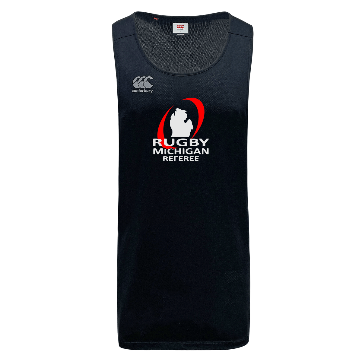 The Rugby Michigan Referee Society Tempo Vapodri Singlet by WRS Canterbury is a black sleeveless shirt made from recycled polyester, featuring "Rugby Michigan Referee" and a silhouette logo on the front. This high-performance top incorporates VapoDri technology for moisture-wicking comfort that keeps you cool and dry.