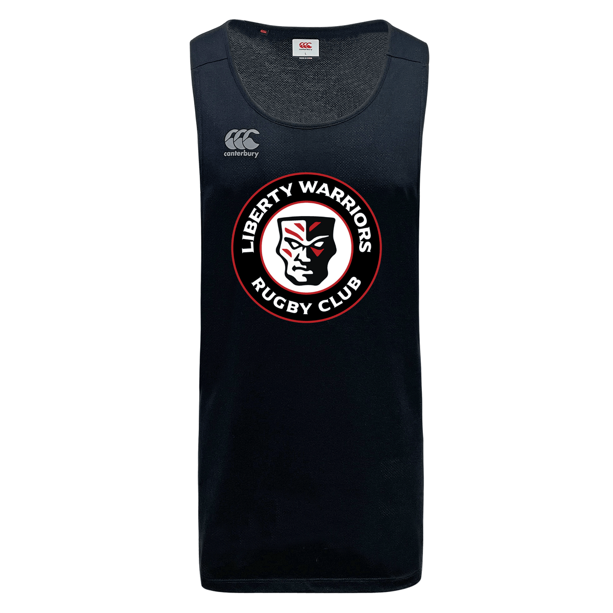 This sleeveless black jersey, made from recycled polyester, features the WRS Canterbury logo. The "Liberty Lake Warriors Rugby Club" emblem, displaying a stylized warrior face in the center on this Liberty Lake Warriors Tempo Vapodri Singlet by Canterbury, ensures optimal performance with advanced VapoDri technology.