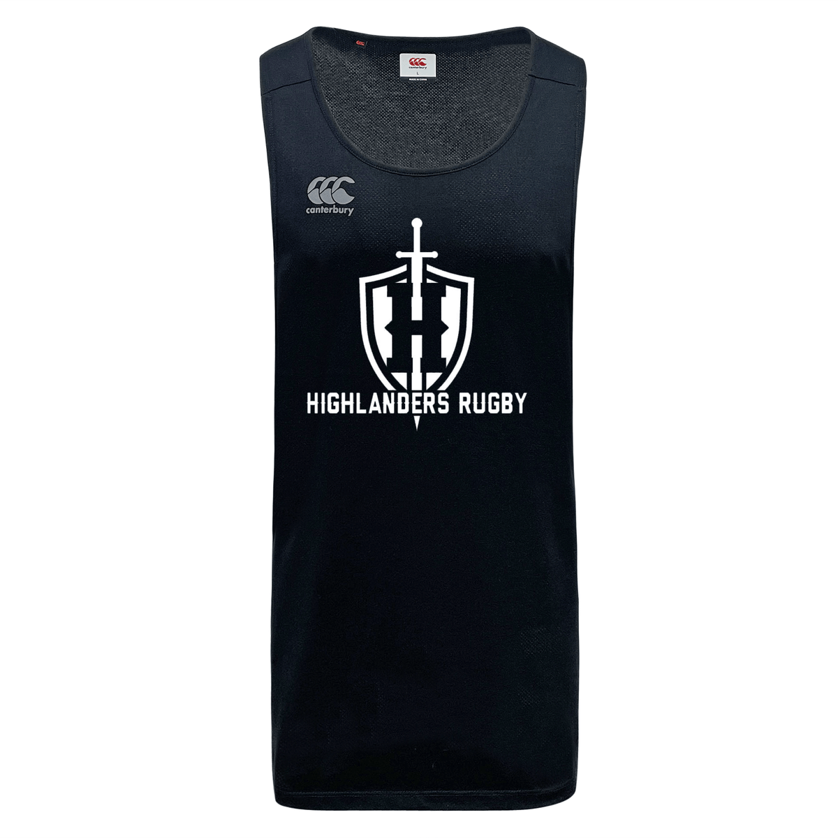 A black Highlanders Rugby NC Tempo Vapodri Singlet by WRS Canterbury, featuring "Highlanders Rugby" and a shield logo on the front, made using recycled polyester.