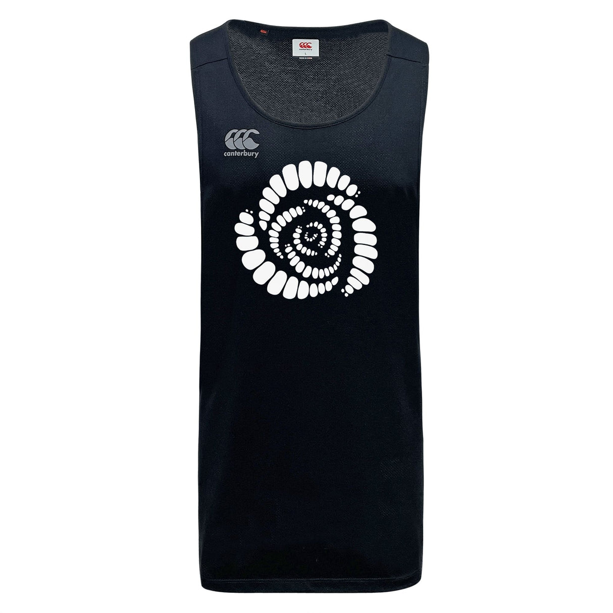 Introducing the Missoula All-Maggots Tempo Vapodri Singlet by WRS Canterbury—a black, sleeveless sports tank top made from recycled polyester. This singlet showcases a striking white spiral graphic and the signature Canterbury logo on the chest. Designed with advanced VapoDri moisture-wicking technology, it helps keep you cool and comfortable throughout your most intense workouts.