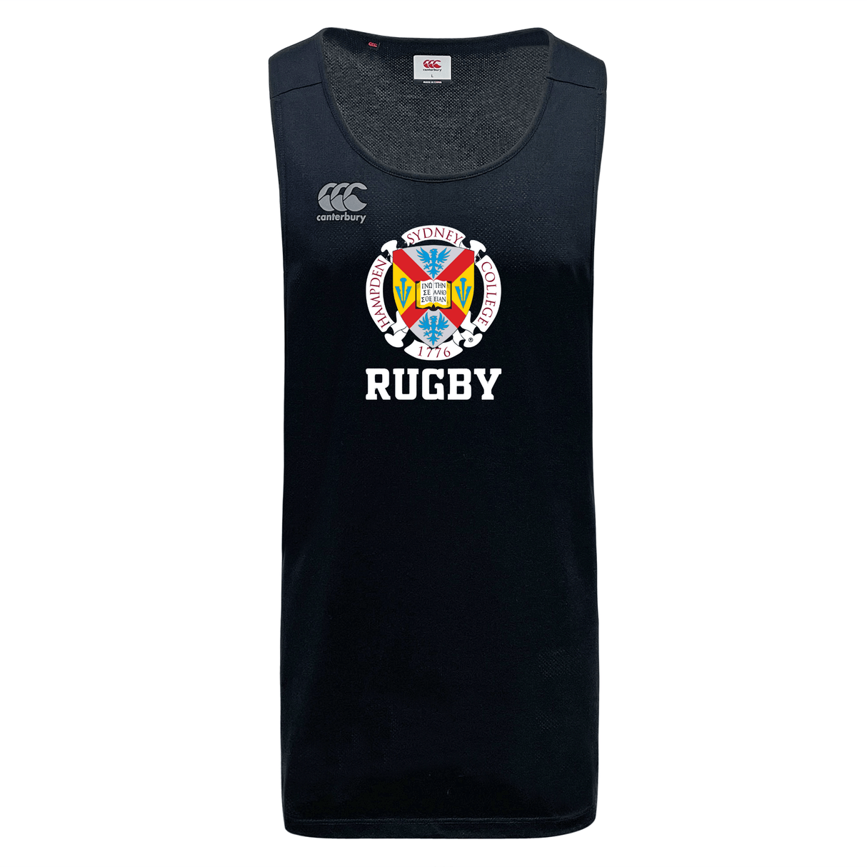 The Hampden Sydney College Tempo Vapodri Singlet by WRS Canterbury, crafted from recycled polyester, is a black rugby tank top featuring a colorful crest and the text "Richmond Sydney College 1874 Rugby" in white on the front.