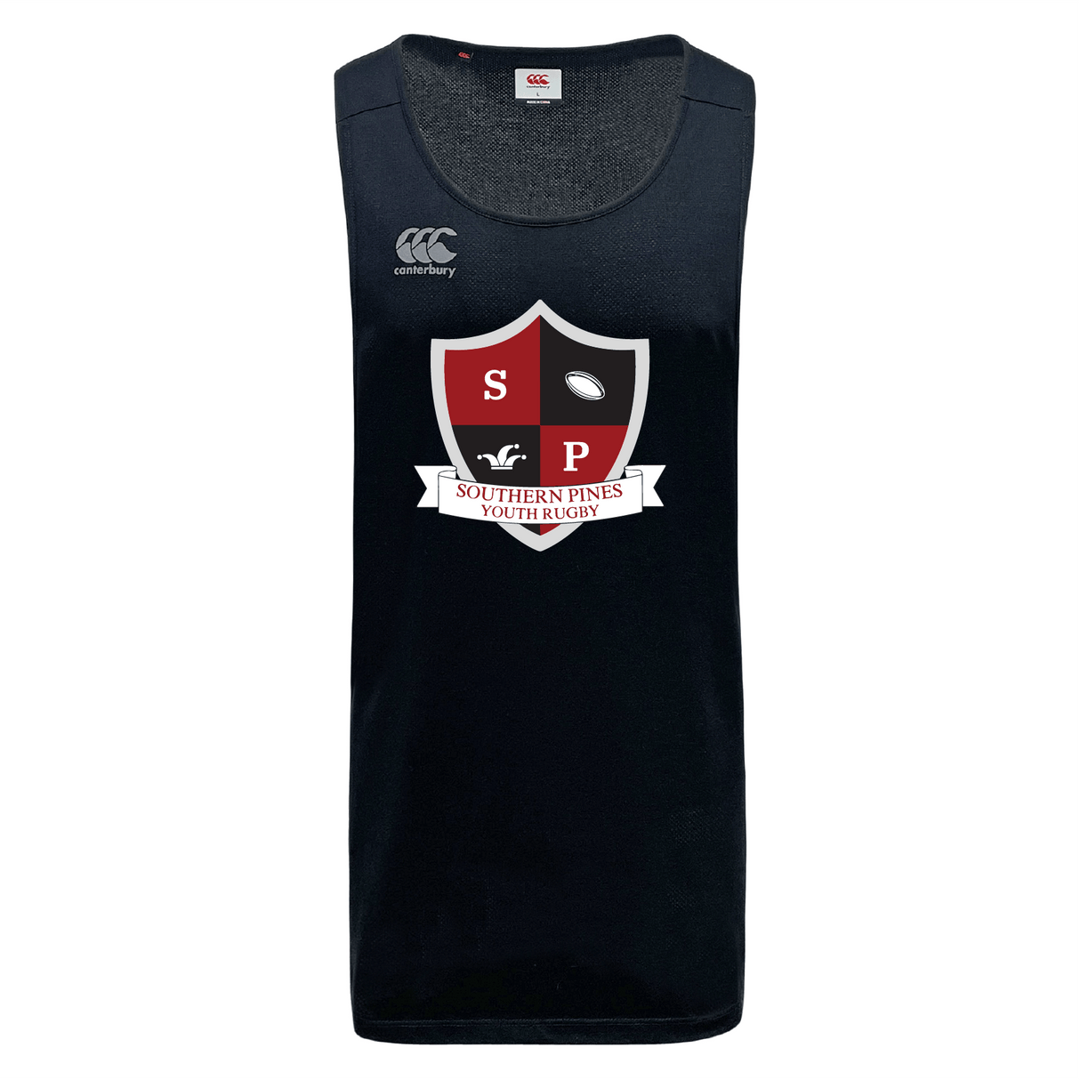 The Southern Pines Youth Rugby Tempo Vapodri Singlet by WRS Canterbury is a navy blue tank top made from recycled polyester. It features a shield, rugby ball, and "Southern Pines Youth Rugby" logo with VapoDri technology for improved comfort and performance.