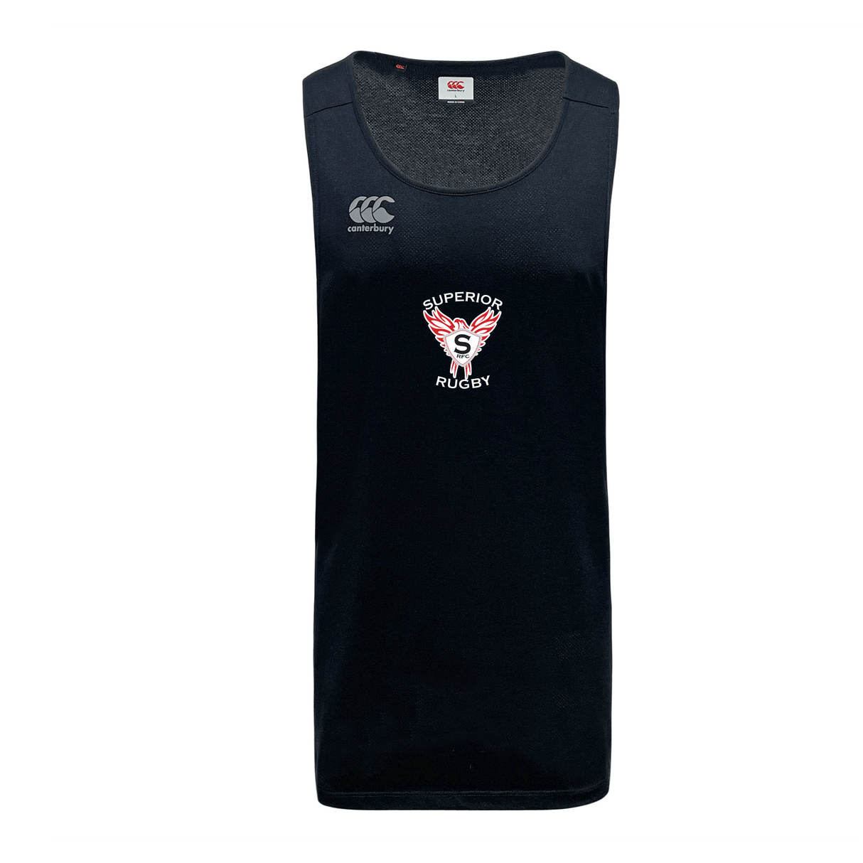 Black sleeveless Superior Rugby Club Tempo Vapodri Singlet by WRS Canterbury with "Superior Rugby" logo, winged S on left chest, VapoDri moisture management, and white Canterbury logo on right shoulder.