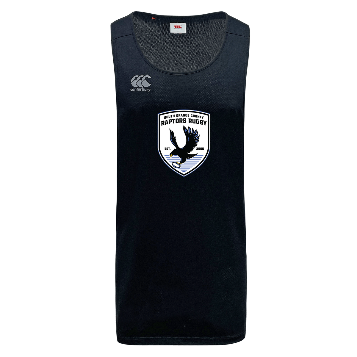 The South Orange County Raptors Tempo Vapodri Singlet by WRS Canterbury is a sleeveless black athletic jersey featuring a “Raptors Rugby” logo with an eagle graphic on the chest and the Canterbury brand logo on the right shoulder. Made from moisture-wicking recycled polyester, this singlet keeps you comfortable and dry during intense games.