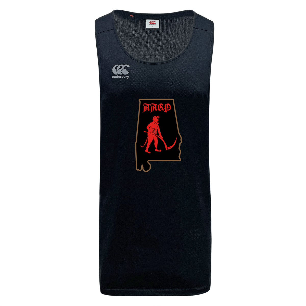 Aging Alabama Rugby Players Tempo Vapodri Singlet by Canterbury featuring a graphic of an Alabama outline containing a red devil with a scythe and the text “HARD.”.