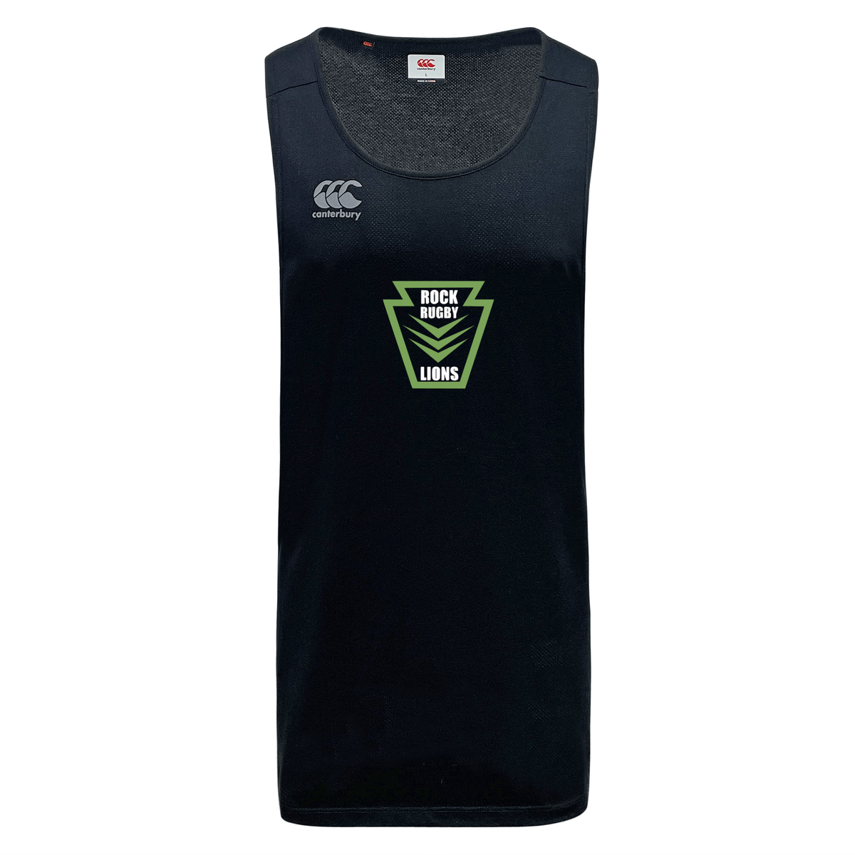 Black sleeveless Rock Rugby Tempo Vapodri Singlet by Canterbury with a green and white “Rock Rugby Lions” graphic on the chest.