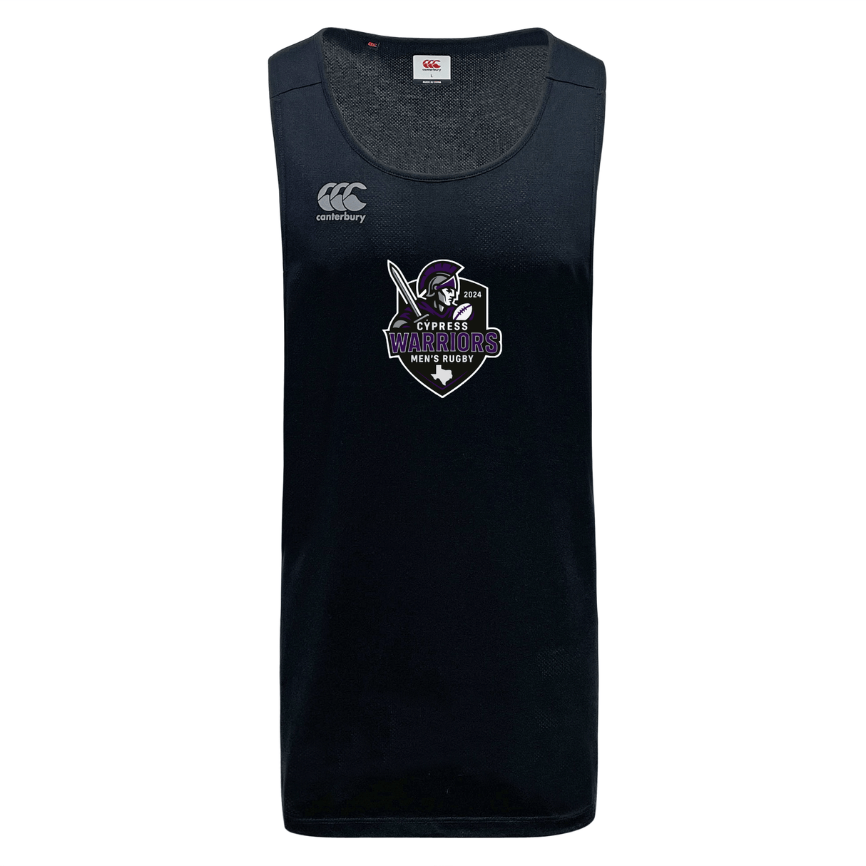 The Cypress Warriors Men's Rugby Tempo VapoDri Singlet by WRS Canterbury is a sleeveless black top made from recycled polyester, with moisture-wicking fabric, the "Canterbury" logo on the right shoulder, and a team emblem on the chest.