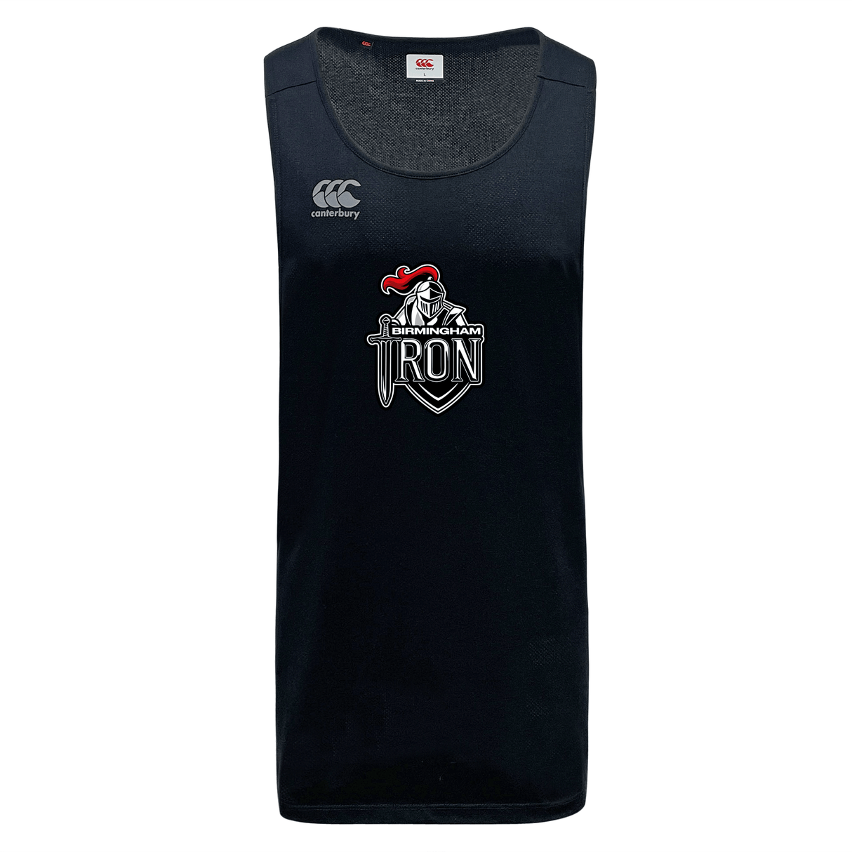 Stay cool during workouts in the Birmingham Iron Women's Football Tempo Vapodri Singlet by WRS Canterbury—a sleeveless black jersey featuring VapoDri moisture-wicking fabric, a central knight and sword graphic, and Canterbury logo on the right chest.