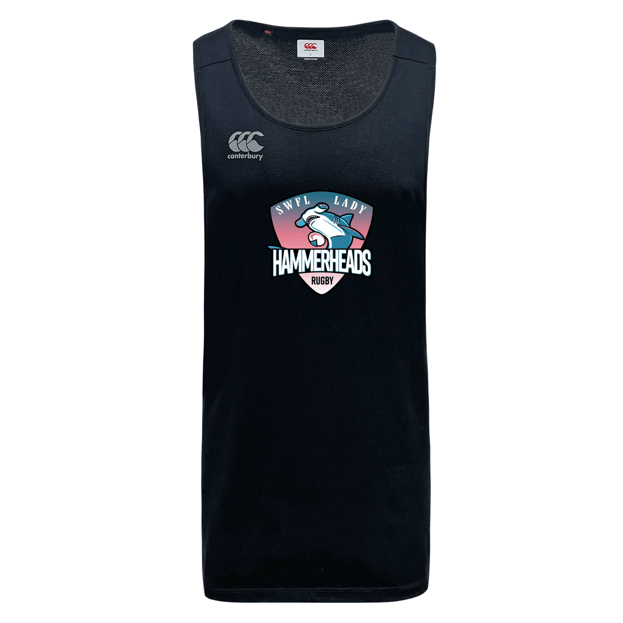 Stay cool and dry in the SWFL Lady Hammerheads Tempo Vapodri Singlet by WRS Canterbury, a black sleeveless athletic top with the team logo on the front and moisture-wicking technology for intense workouts.